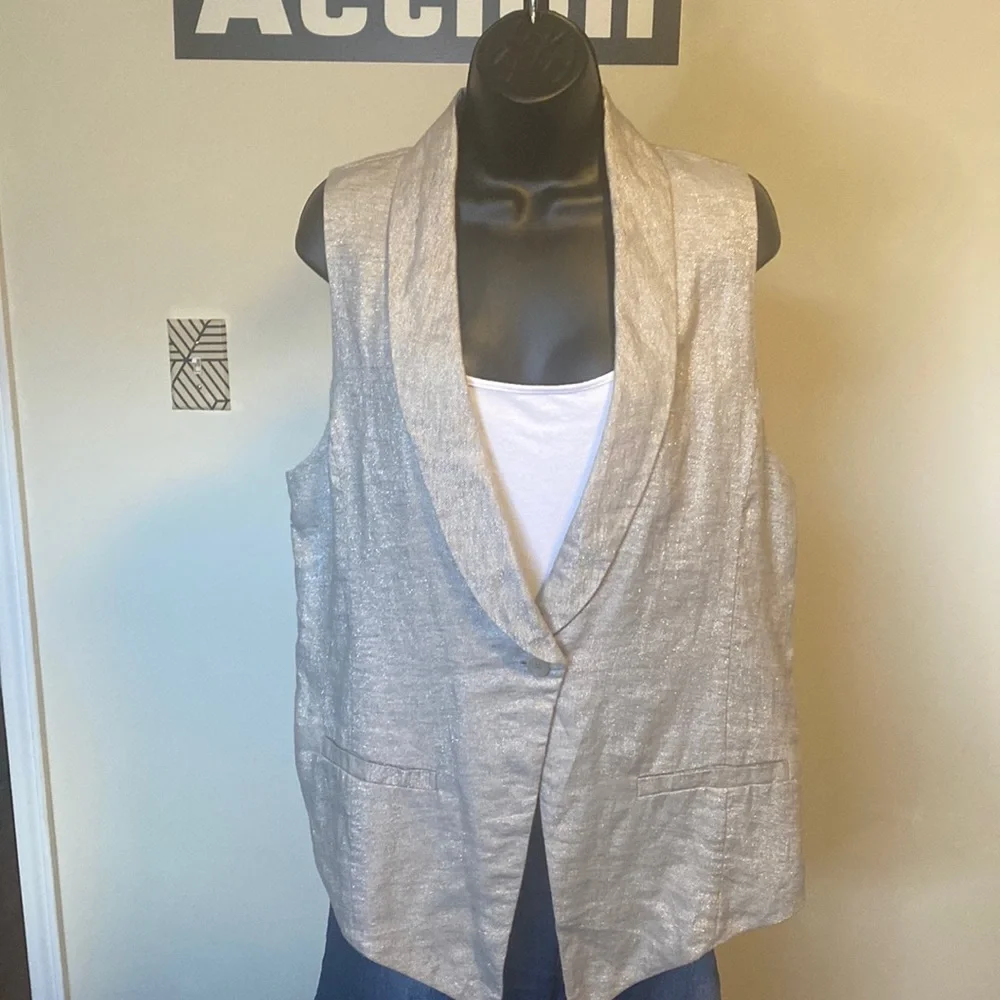 EILEEN FISHER GRAY TWINKLE LINEN WOVEN SHAWL COLLAR VEST - Picture 1 of 12